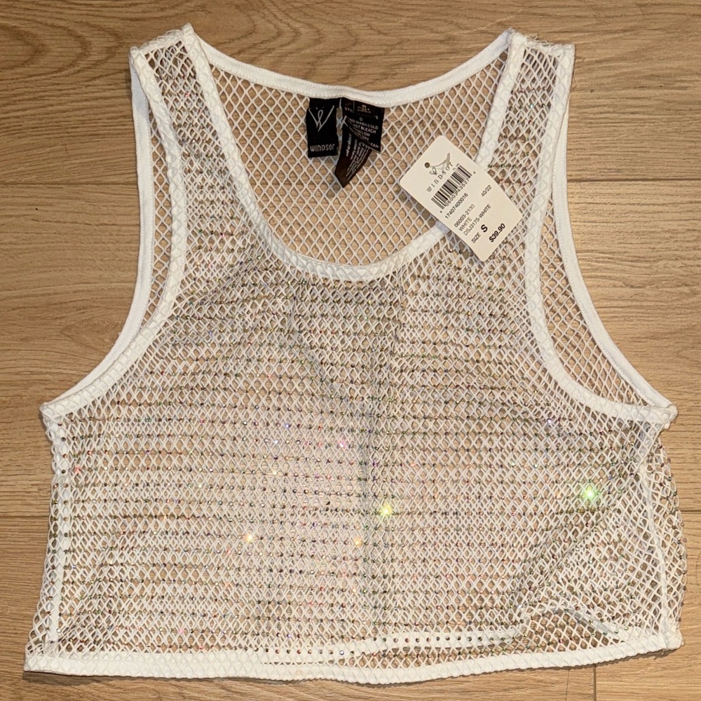 White Rhinestone Mesh Crop Top
